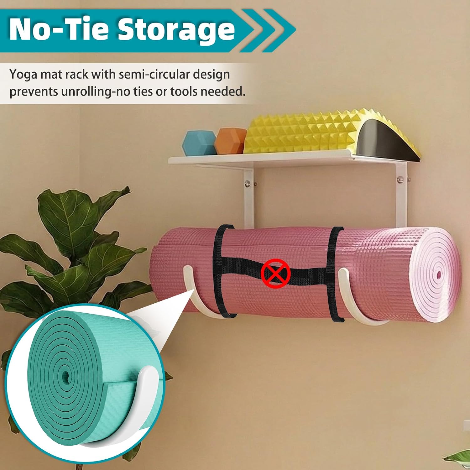 Yoga Mat Holder Wall Mount, No-Tie Mat Storage, Exercise Mat Storage Rack with Top Floating Shelf, Holding Yoga