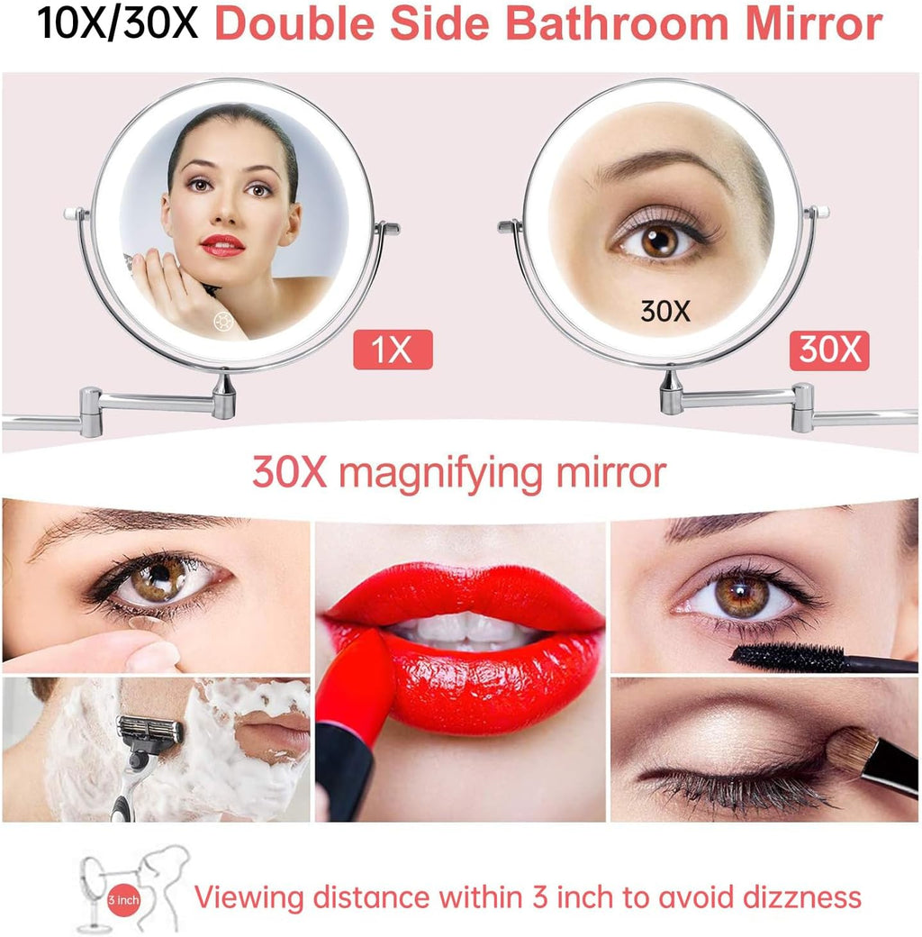 5000mAh Rechargeable Wall Mounted Lighted Makeup Mirror 1X30X | Double Sided 1X 30X Magnifying, 3 Color Lighting