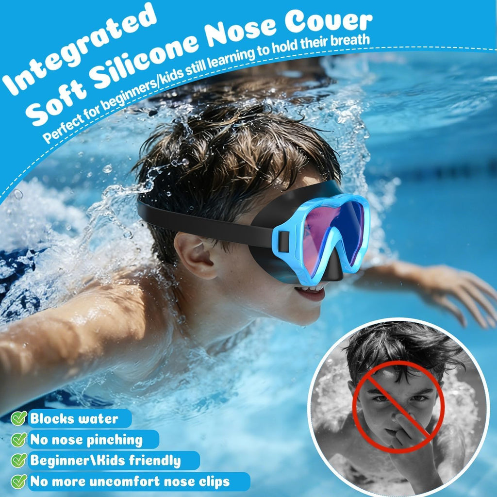 2 Packs Kids Goggles with Nose Cover, 180° Wide View Swimming Goggles for Kids 4-16, No More Hair Snags Anti-Fog