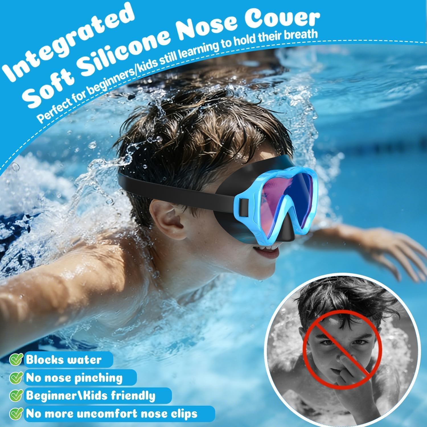 2 Packs Kids Goggles with Nose Cover, 180° Wide View Swimming Goggles for Kids 4-16, No More Hair Snags Anti-Fog