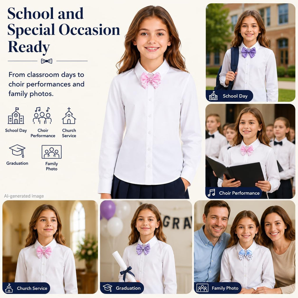 White Wrinkle-Free Girls Shirt: School Uniform Bowtie | Long Sleeve Button Down Dress Blouse, Collared Cotton Oxford