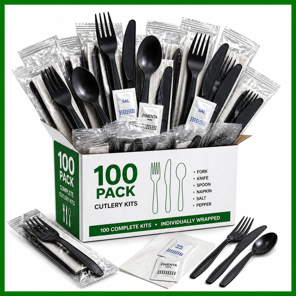 Pack Individually Wrapped Plastic Cutlery Set with Napkin, Salt and Pepper Packets Medium Weight Disposable