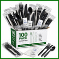 Pack Individually Wrapped Plastic Cutlery Set with Napkin, Salt and Pepper Packets Medium Weight Disposable