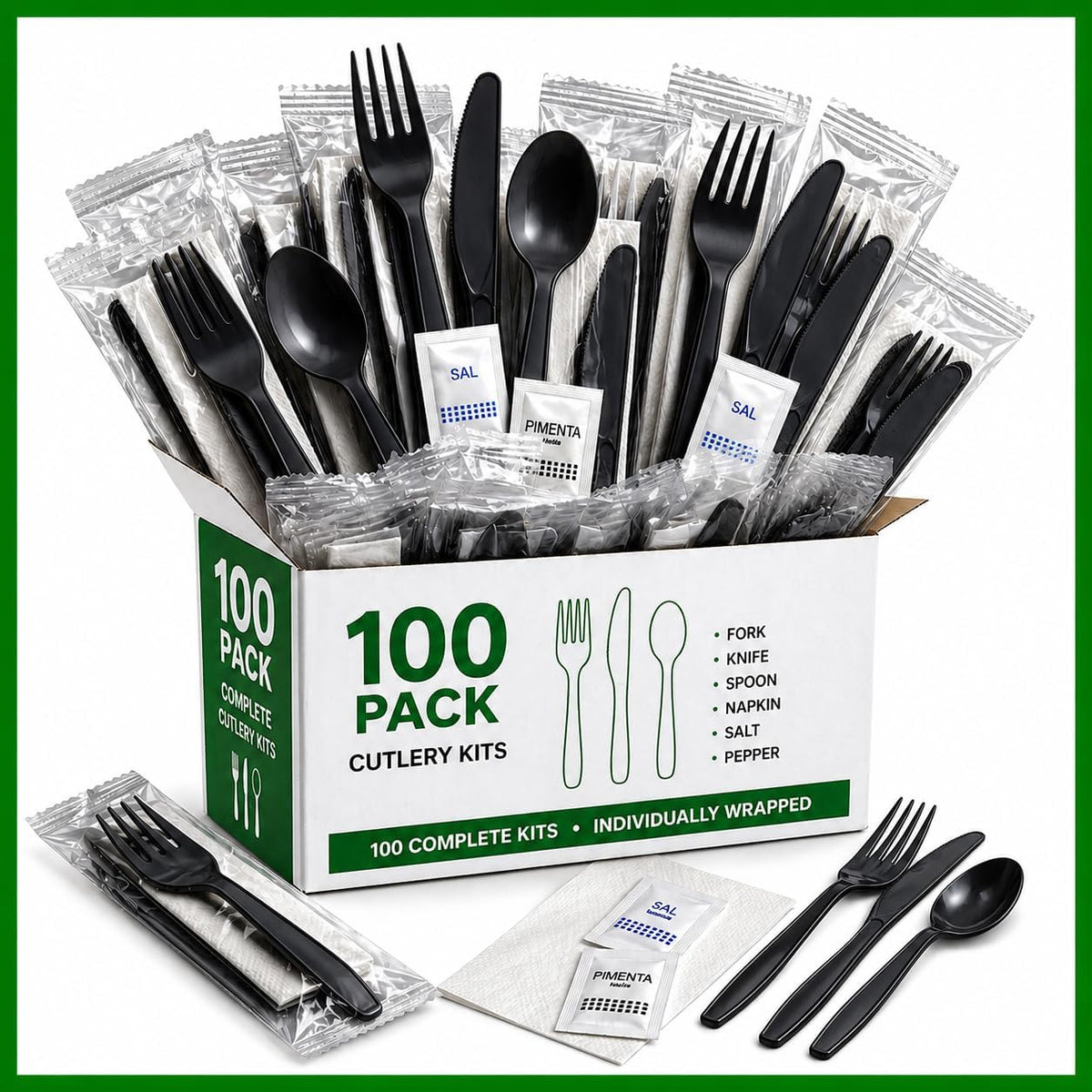 Pack Individually Wrapped Plastic Cutlery Set with Napkin, Salt and Pepper Packets Medium Weight Disposable