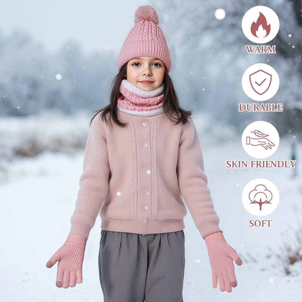 Kids Winter Hat Gloves Scarf Set, Winter Hats and Gloves for Girls with Pom, Neck Warmer Thick Lining Set