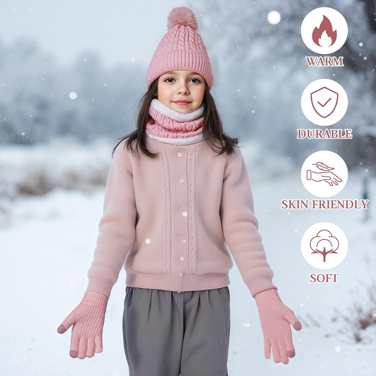 Kids Winter Hat Gloves Scarf Set, Winter Hats and Gloves for Girls with Pom, Neck Warmer Thick Lining Set