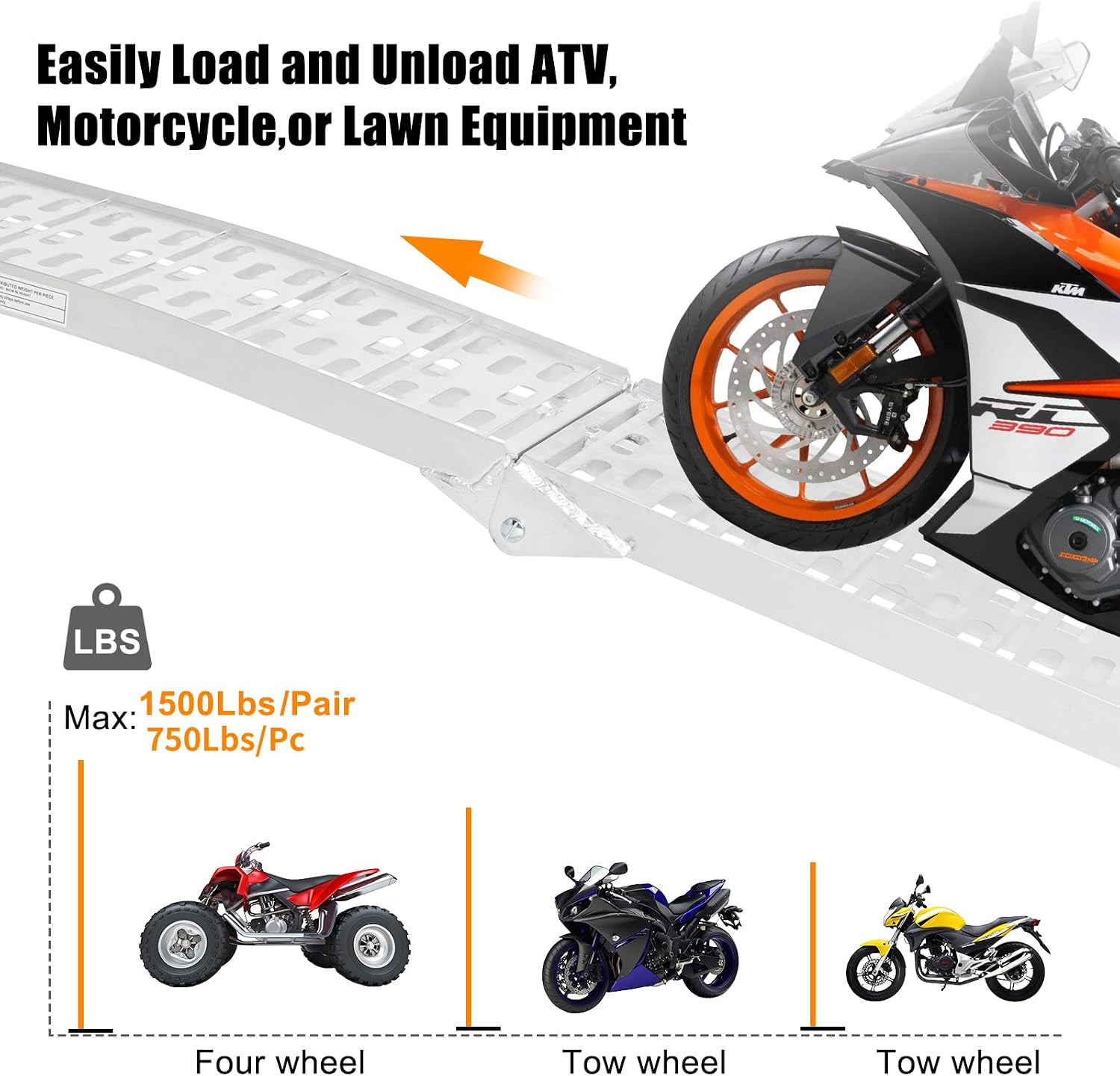 7.5 FT Aluminum Motorcycle Loading Ramps, 1500 lbs Capacity,2PC | Foldable Ramp for Loading Dirt Bikes, ATVs, Lawn