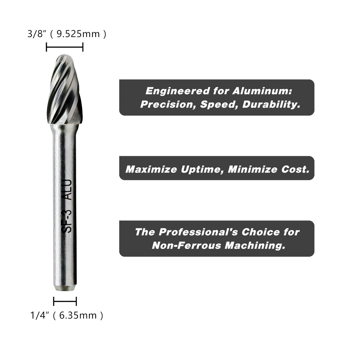 LU&MN SF-3 Aluminum Cutting Burr, 1/4" Shank, 3/8" Head, 1 Pc