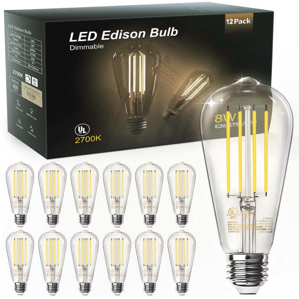 12 Pack Edison LED Light Bulbs, E26 Base, 8W 2700K, Dimmable