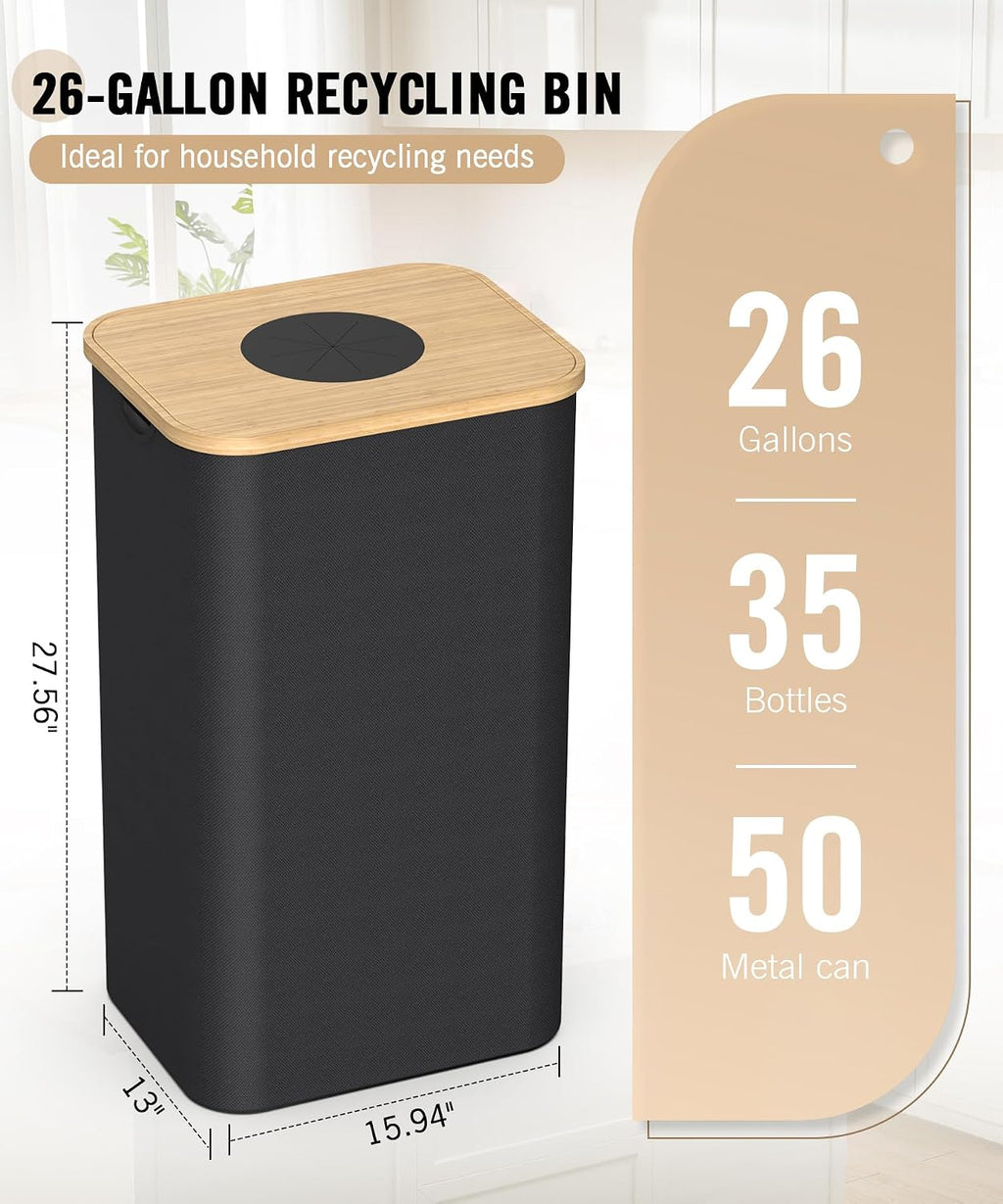 26 Gallon (100L) Recycling Bins for Kitchen with Bamboo lid, Black | with 2pcs Removeable and Reusable Inner Bags