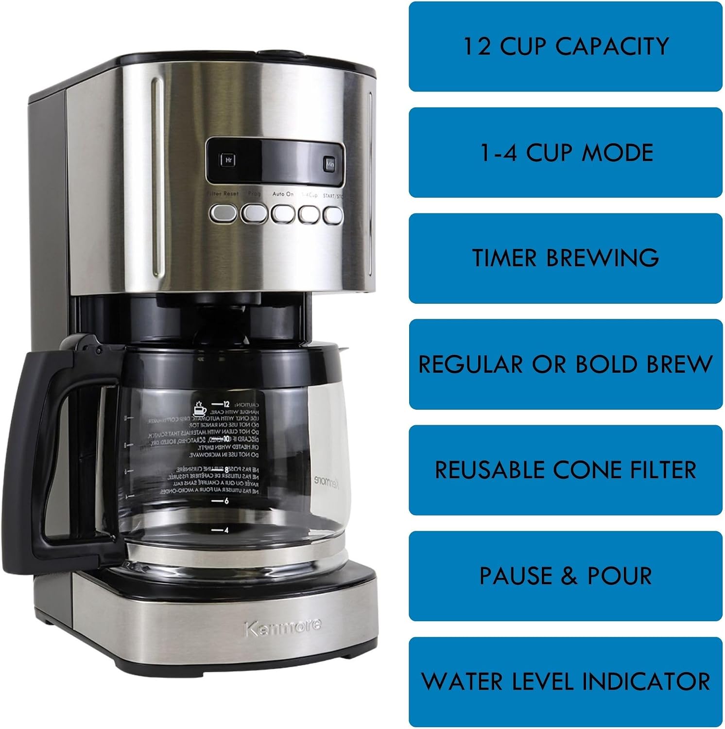 Kenmore Drip Coffee Maker - Programmable Cafe Machine With Glass Pot, Regular & Bold Brew, Auto Shut Off Large Water