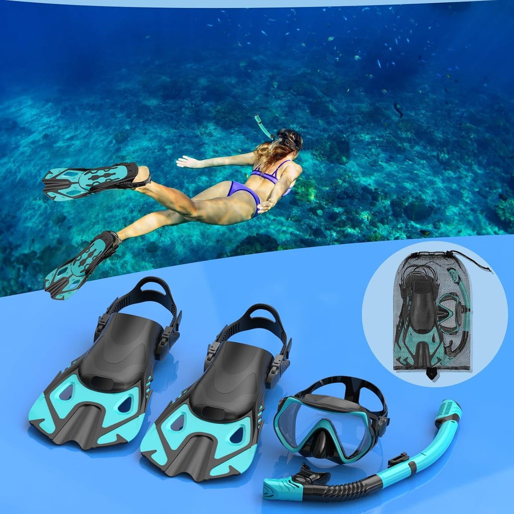 Snorkeling Gear Set for Adults – Dry Top Snorkel Set, Panoramic Anti-Fog Mask, Adjustable Swim Fins – Travel Diving