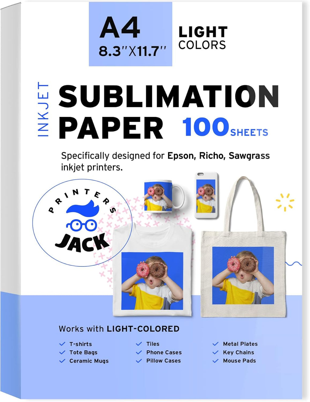 Sublimation Paper - Heat Transfer Paper 100 Sheets 8.3" x 11.7" for Any Epson HP Canon Sawgrass Inkjet Printer with