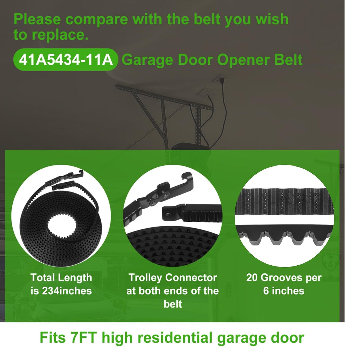 41A5434-11 Drive Belt 234'' for 7FT Garage Door Stable and Quiet Belt Replacement Compatible with Chamberlain Liftmaster Craftsman Sentex Whisper Openers (41A5434-11A 7FT Garage Door Belt)