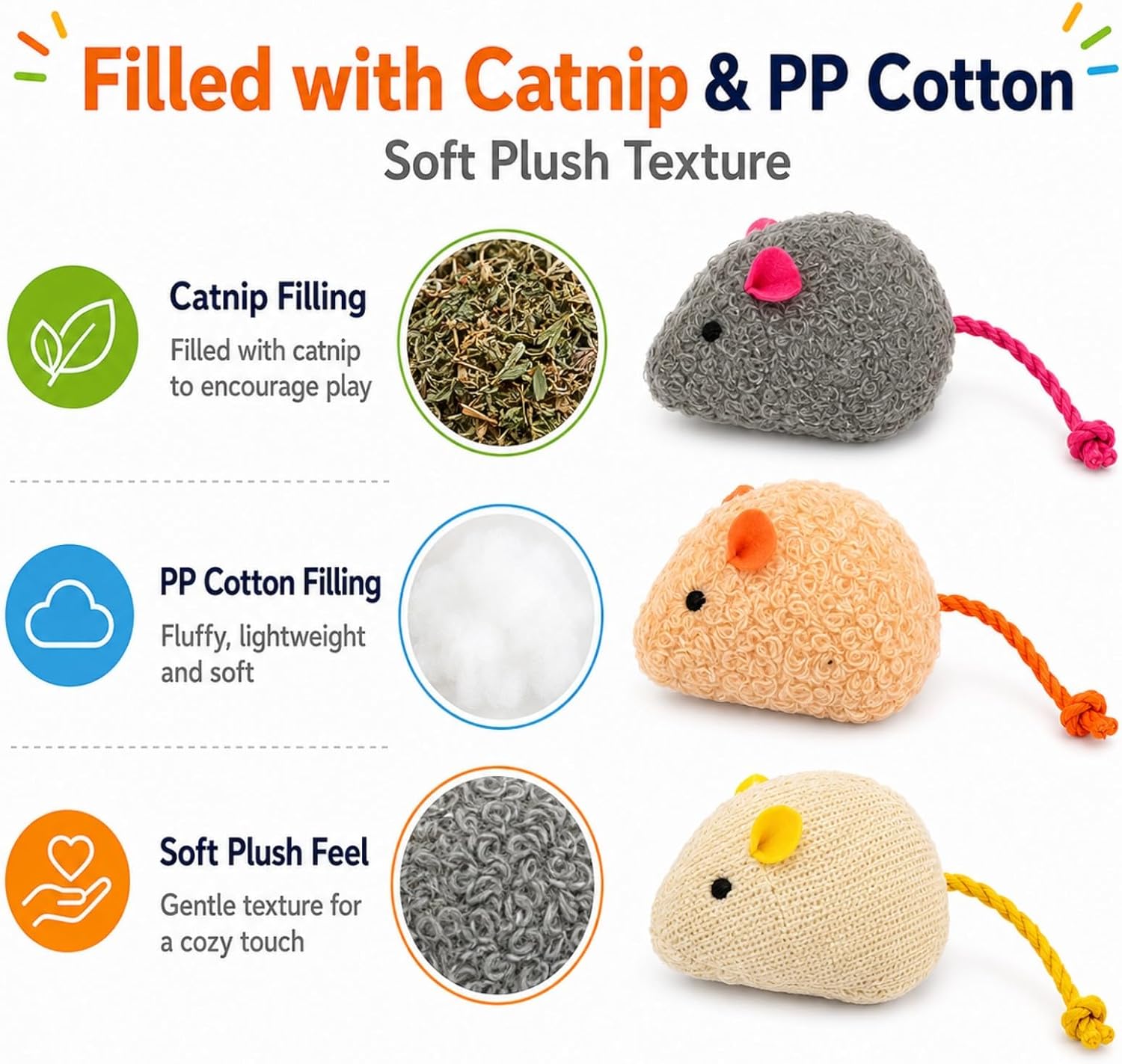 20-Pack Catnip Mouse Toys - Assorted Colors, Plush Mice with Catnip, Interactive Cat Toys for Indoor Kittens &