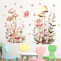 Fairy Mushroom Wall Decals for Nursery, Watercolor Floral Wall Stickers | with Butterflies and Flowers, Peel and