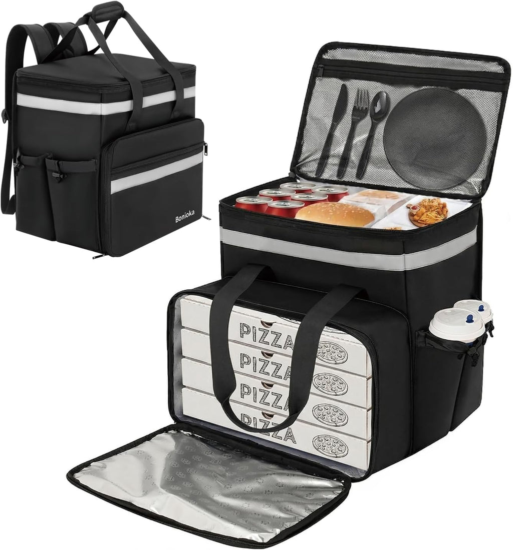 Food Delivery Backpack, Expandable Insulated Pizza Bag with 4 Cup Holders