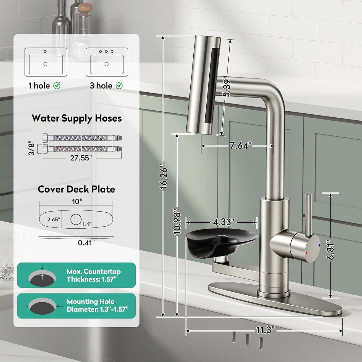 Waterfall Kitchen Faucets with Glass Rinser &Sprayer Brushed Nickel
