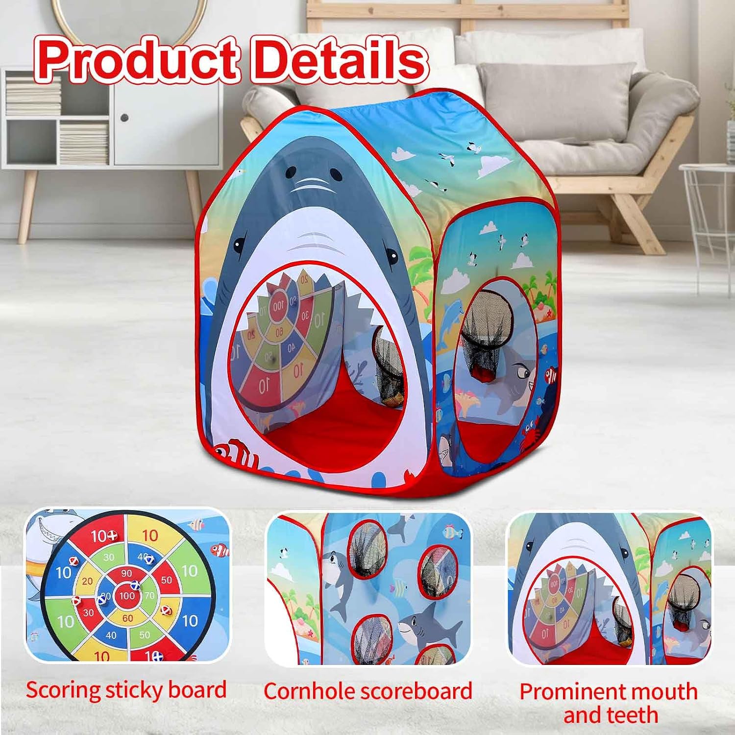 Shark Kid Play Tent Pop up Tent Play Tunnel Indoor and Outdoor Playhouse for Kid Beanbag Toss Game for Team
