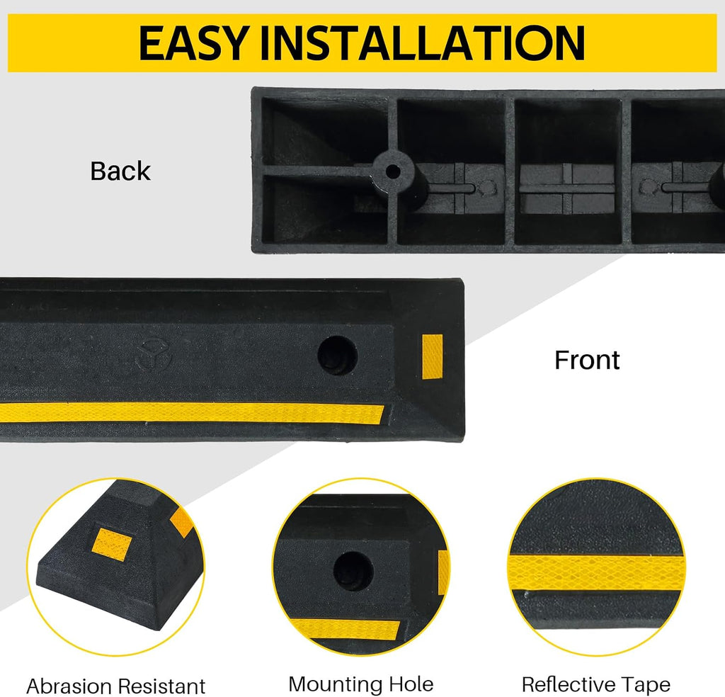 4 Pack Heavy Duty Rubber Parking Block Parking Curb | Wheel Stop Stoppers for Garage Parking with Yellow Reflective