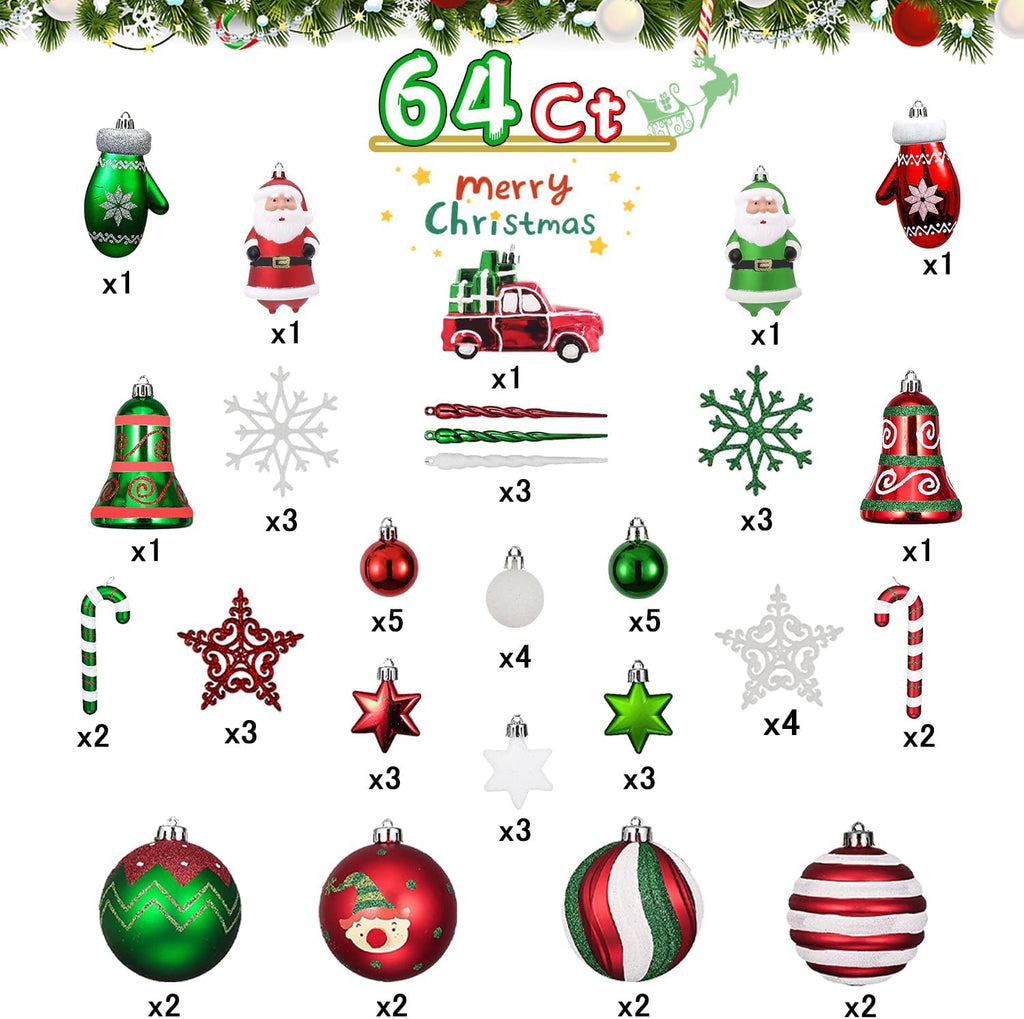 Christmas Ball Ornaments Set, 64 ct Joyful Red Green White Collection Splendor Xmas Assorted Shatterproof Ornaments