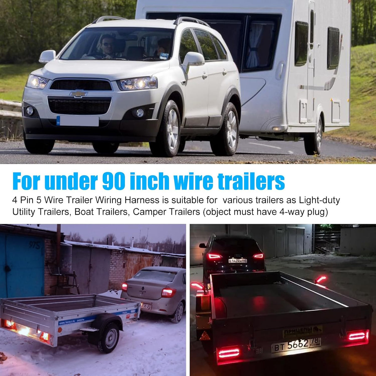 26FT 4 Pin 5 Wire Trailer Wiring Harness, 16AWG Trailer Light Wiring Kit with PVC Jacketed, Waterproof 4 Way Flat 5