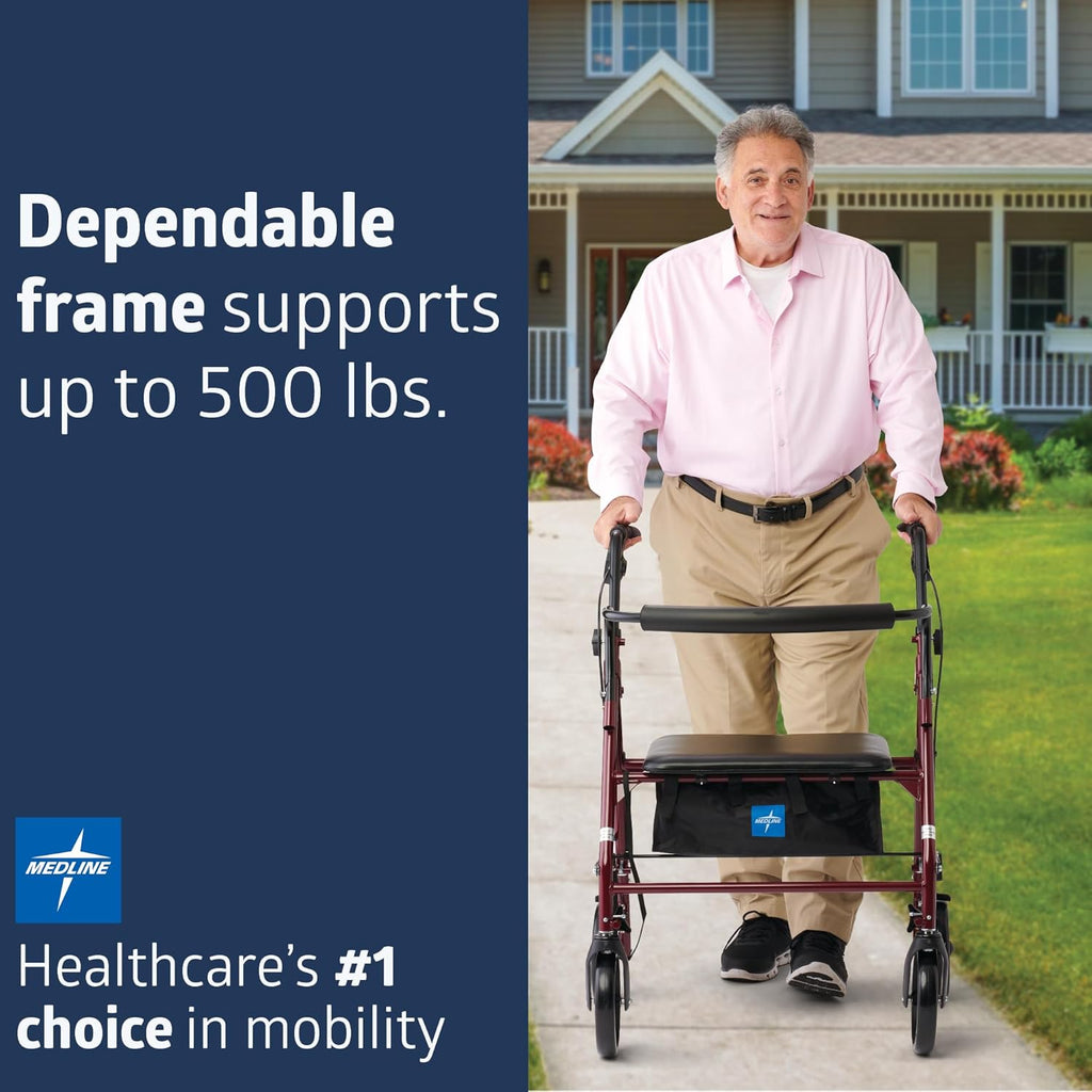 Large Steel Bariatric Rollator Walker with Adjustable Handles, Padded Seat & Backrest, Burgundy, 500 lb. Weight