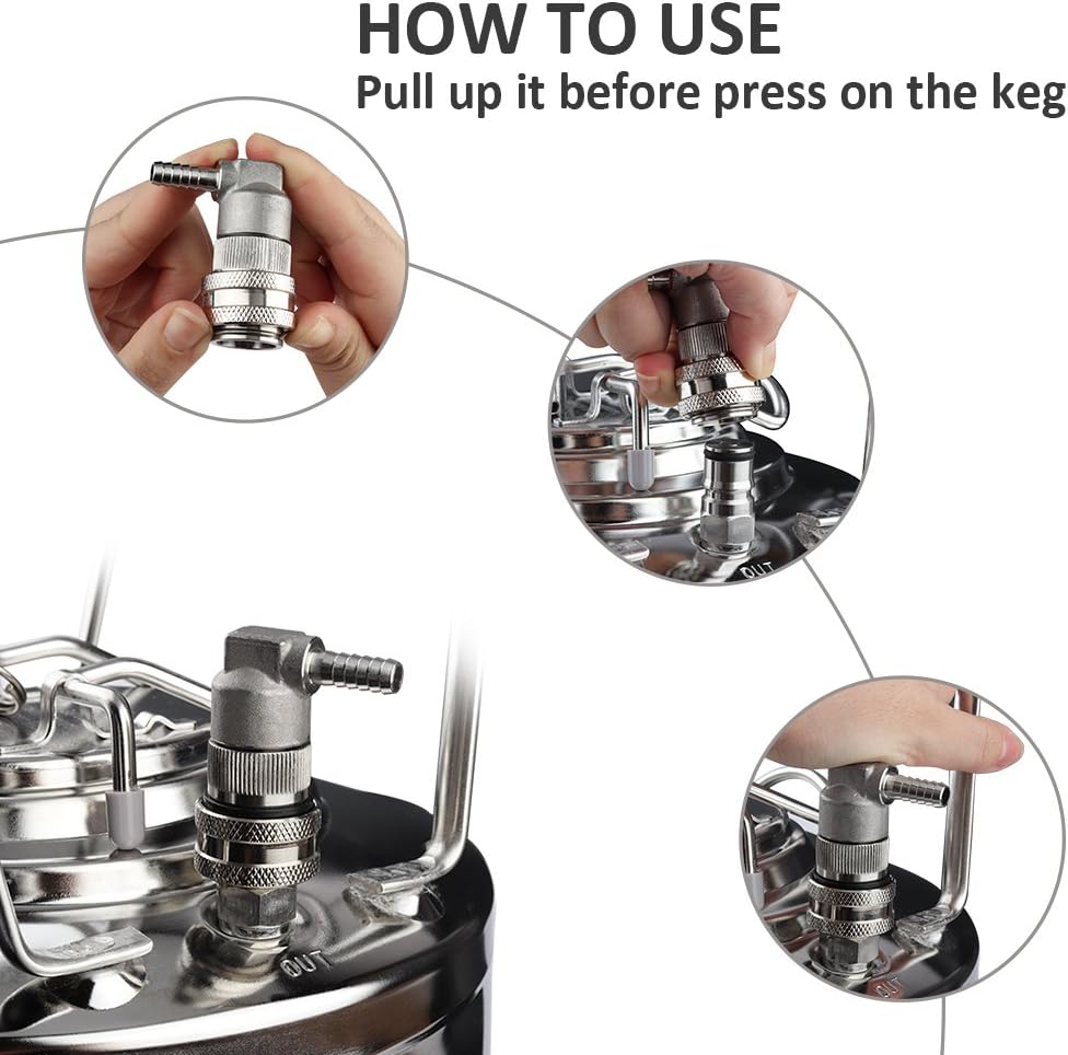 Ball Lock Disconnect, Gas & Liquid Corny Keg Fittings, MFL 1/4’’ Threaded with 5/16’’ Stainless Steel Barbed & Hose