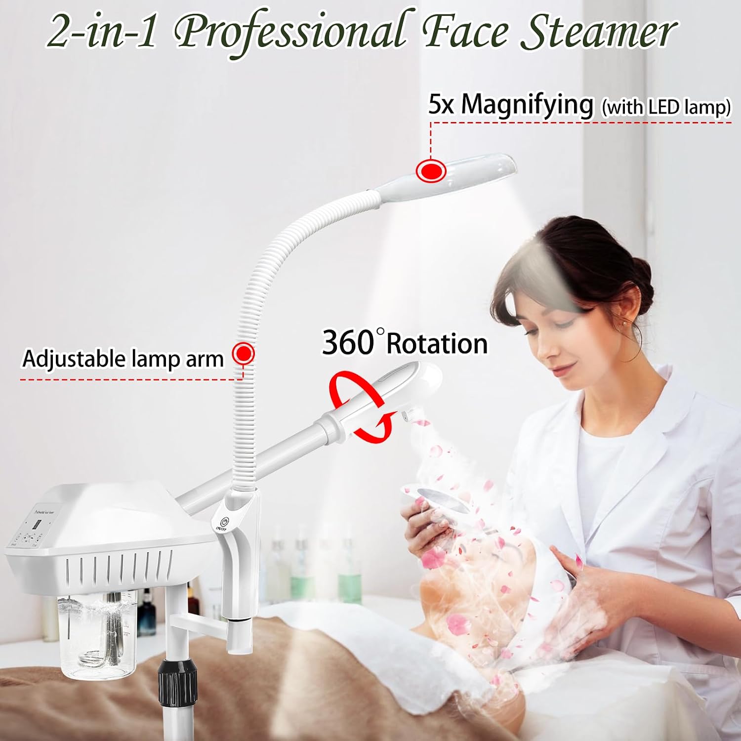 Professional Facial Steamer with 5X Magnifying Lamp,White | Ozone face steamer on wheels,deep cleansing and hydration