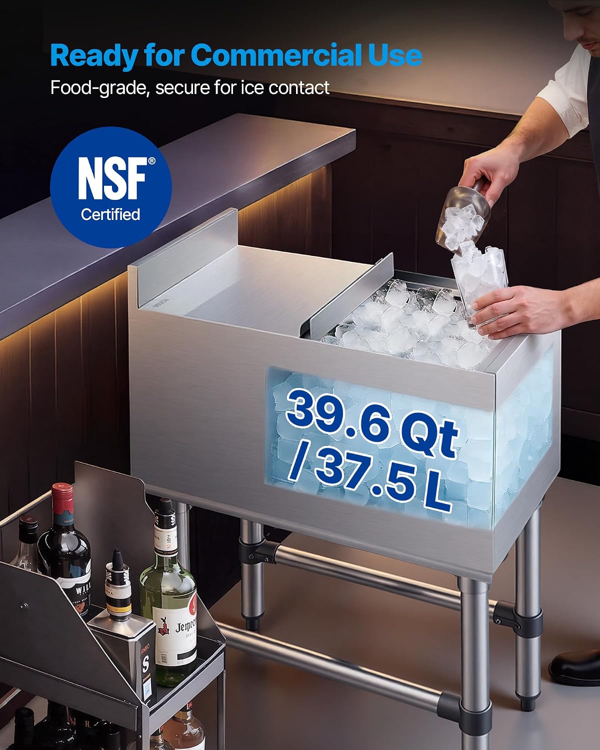 Commercial Ice Bin Stainless Steel Ice Chest with Sliding Lid, 24H Long-Lasting Insulation, Cooler Cart Cocktail Unit
