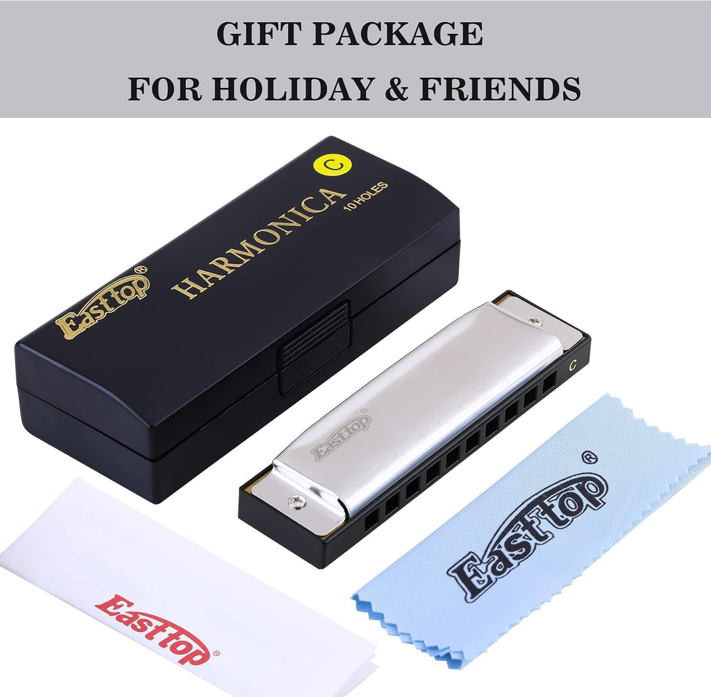 Harmonica for Beginners Key of C, 10 Holes 20 Tones, Stainless Steel Harp Diatonic Blues Harmonica for Adults