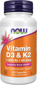 NOW Supplements, Vitamin D-3 & K-2, 1,000 IU/45 mcg,Plus Cardiovascular Support*, Supports Bone Health*, 120 veg
