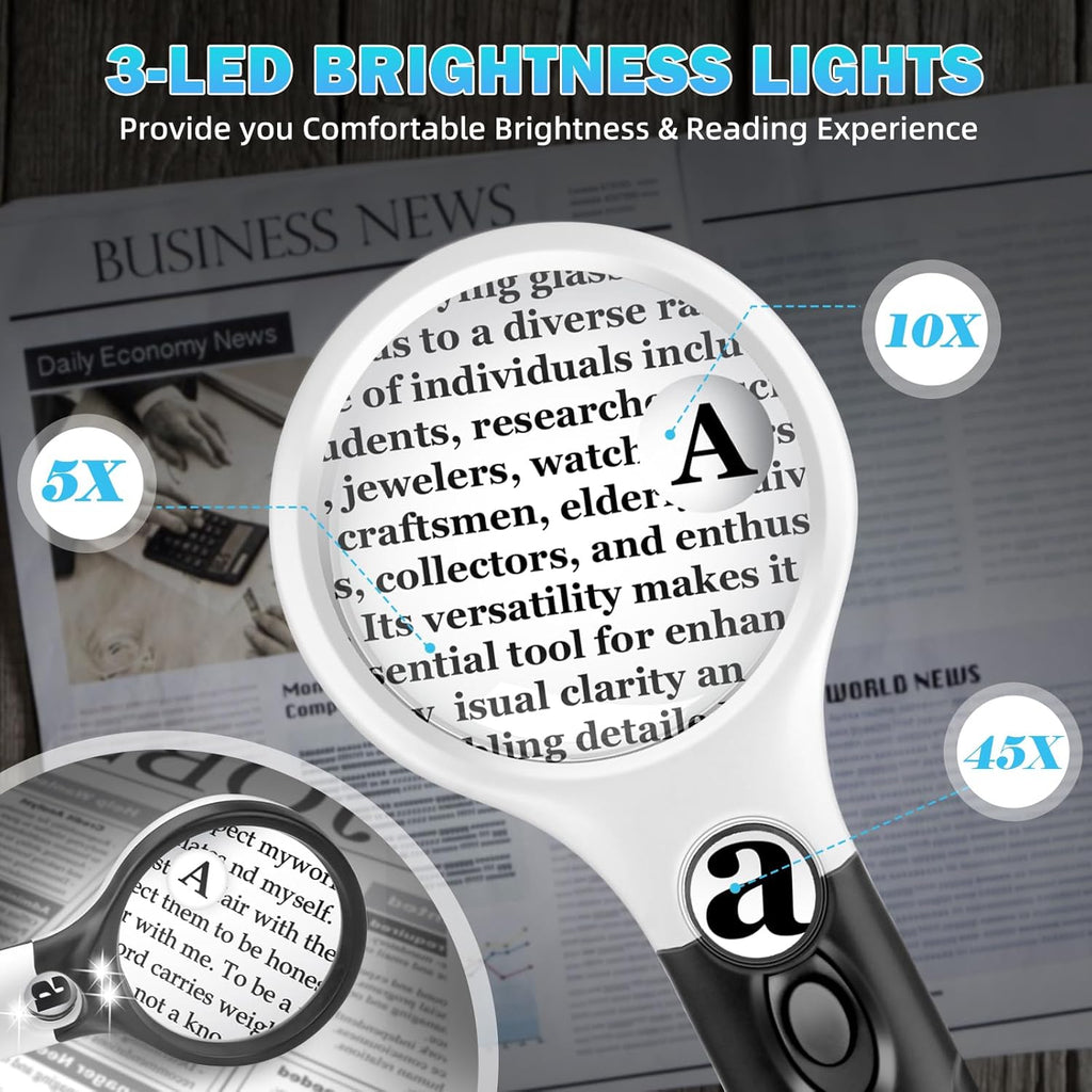 Compact Magnifying Glass with Lights,45X 10X 5X Small Handheld Lighted Magnifier, 3 LED Light Magnifying Glass for