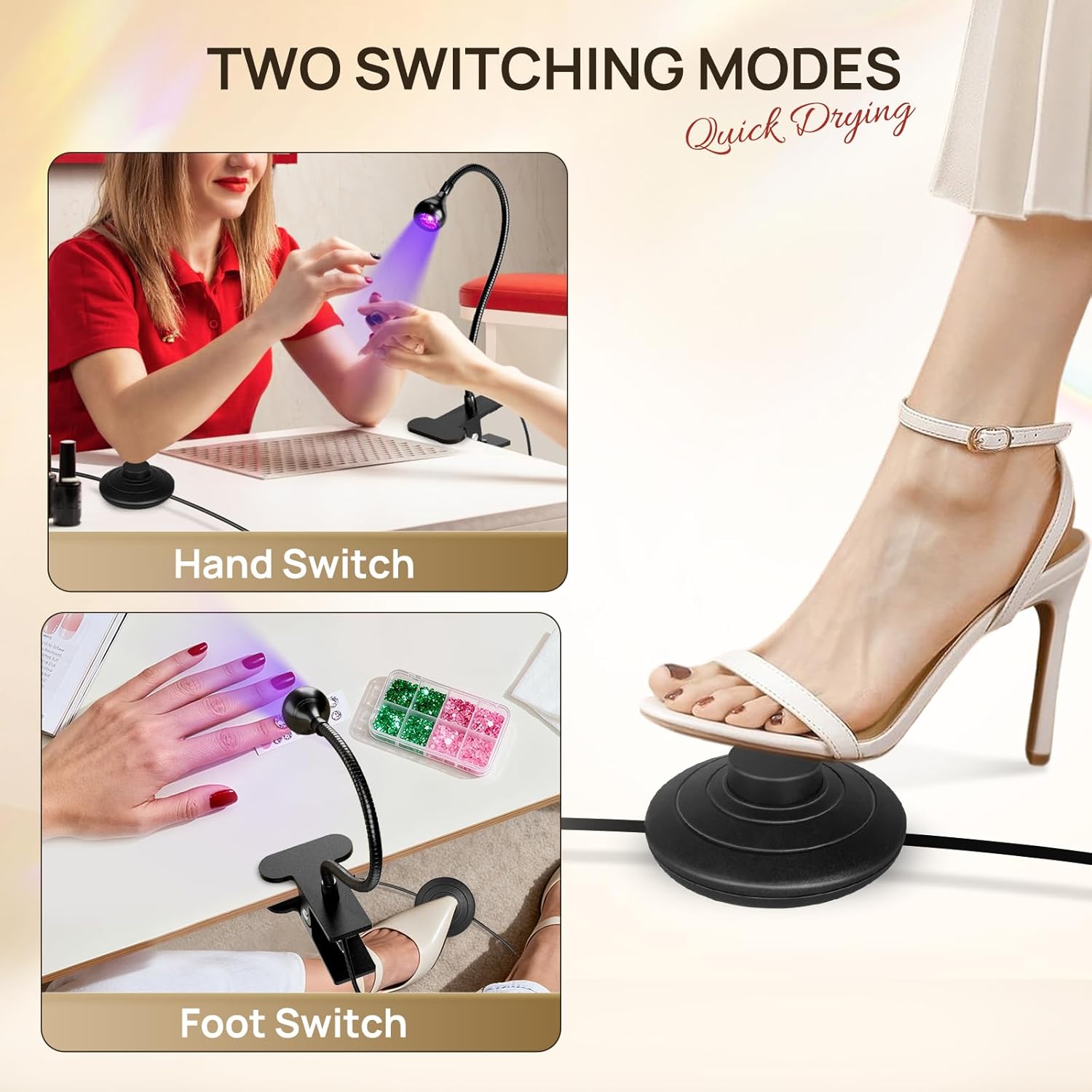 UV Nail Lamp, UV Light for Gel Nails, LED Flash Cure Light | Foot Pedal Gooseneck UV Lamp, Mini Nail Dryers with