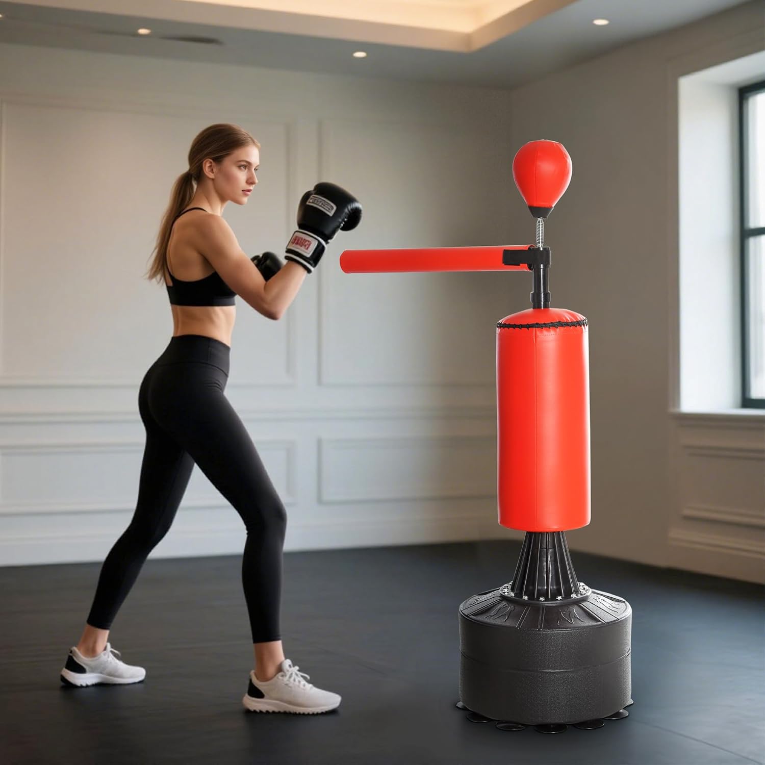 Boxing Bag, Freestanding Punching Bag with Speed Ball, Reflex Bag | Rotating Boxing Bar and Gloves, Weighted Base