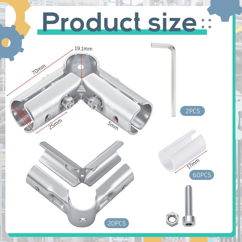 20 Set 90 Degree Pipe Connector Clamps Pipe Connector Tee Clamp Fittings Bulk Fit OD 19.1 mm Stainless Steel Pipe