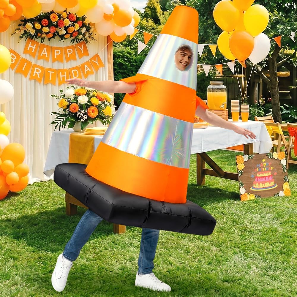 Traffic Cone Inflatable Costume for Adult, Full Body Halloween Costumes, Blow up Construction Cone Suits