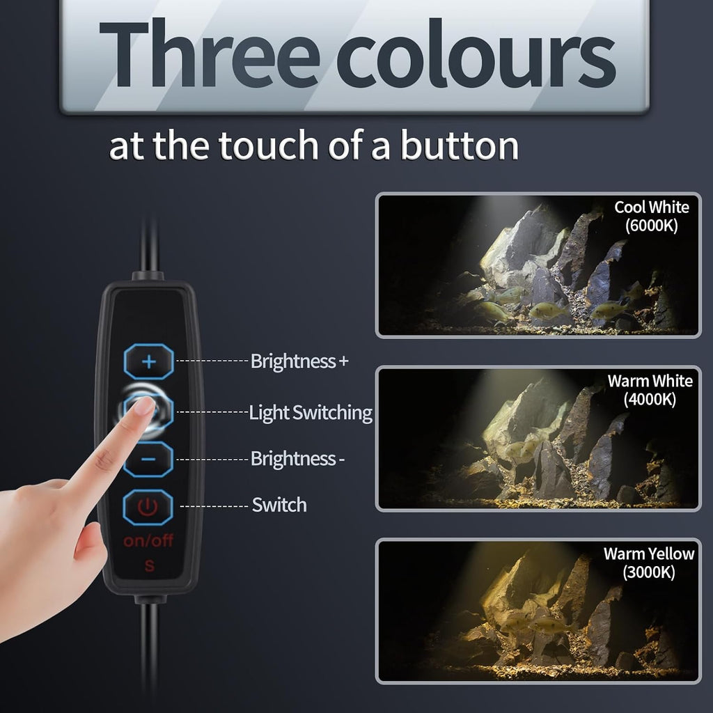 3W LED Aquarium Light, Clip On Fish Tank Lamp | Full Spectrum, 3 Color Modes, Adjustable Beam, Aluminum Housing