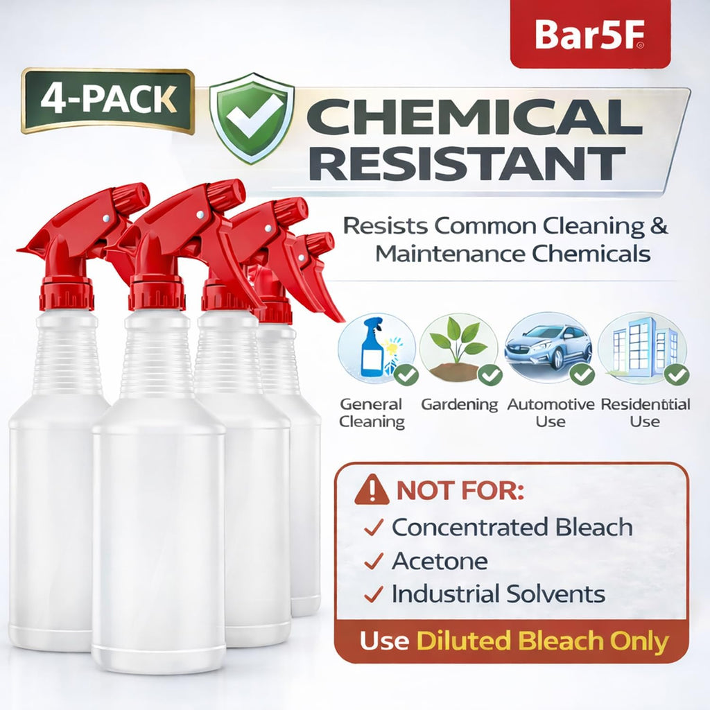 Spray Bottles, 16 Oz, 4 Pack, Chemical-Resistant HDPE, BPA-Free, Non-Toxic, Red Trigger Sprayers, Refillable Empty