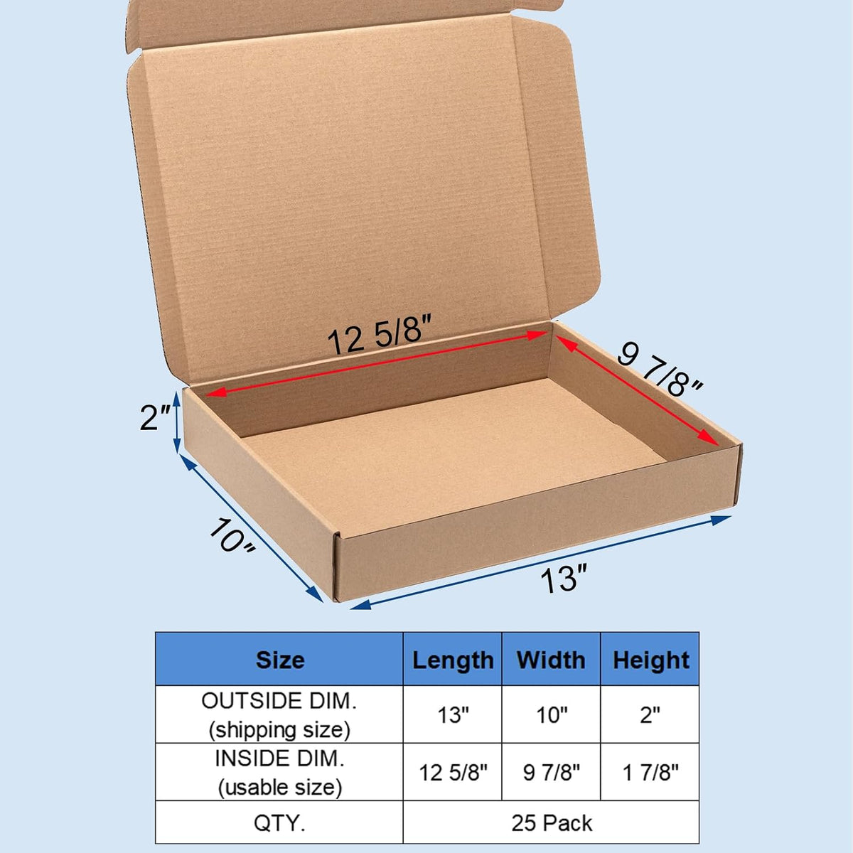 Brown Shipping Boxes 13x10x2" 25 Pack - Corrugated Cardboard Box Mailers for Small Business, Kraft Medium Literature