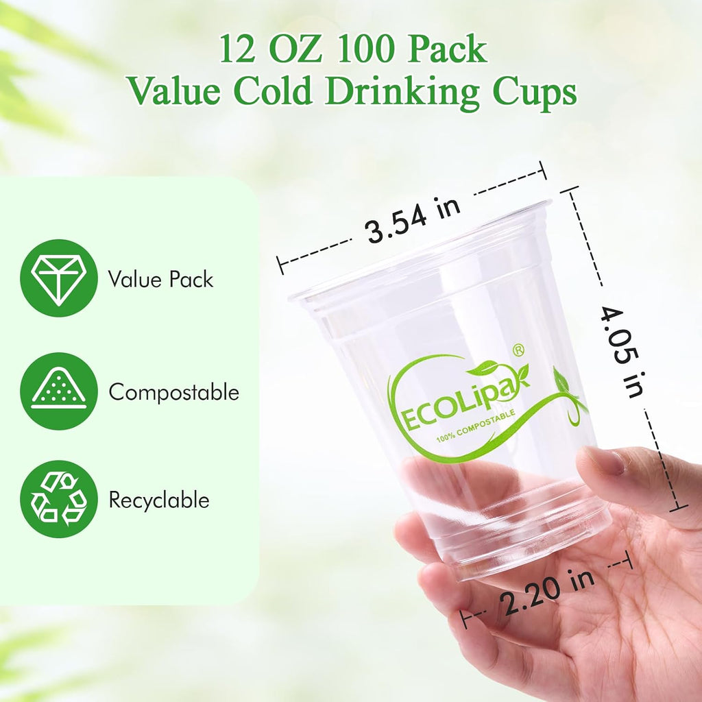 100 Count 12oz Clear Disposable Compostable Plastic Cups for Party