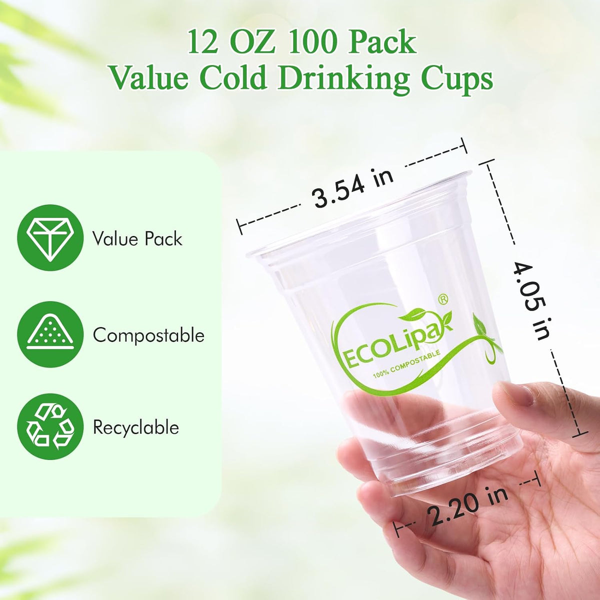 100 Count 12oz Clear Disposable Compostable Plastic Cups for Party