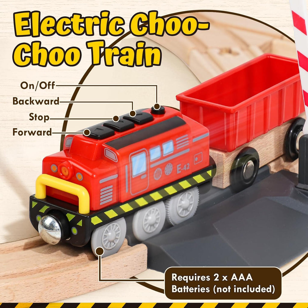 Wooden Train Set, Construction Toys for 3 Year Old Boys | Wooden Train Track Set for Kids w/Crane, Toy Train Railway