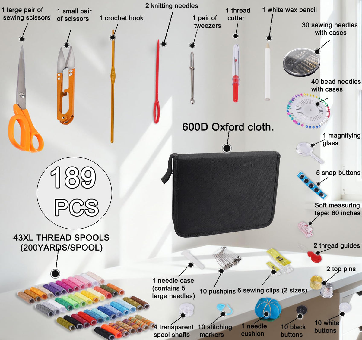 189 Pcs Sewing Kit for Adults, Beginners, 43 Color