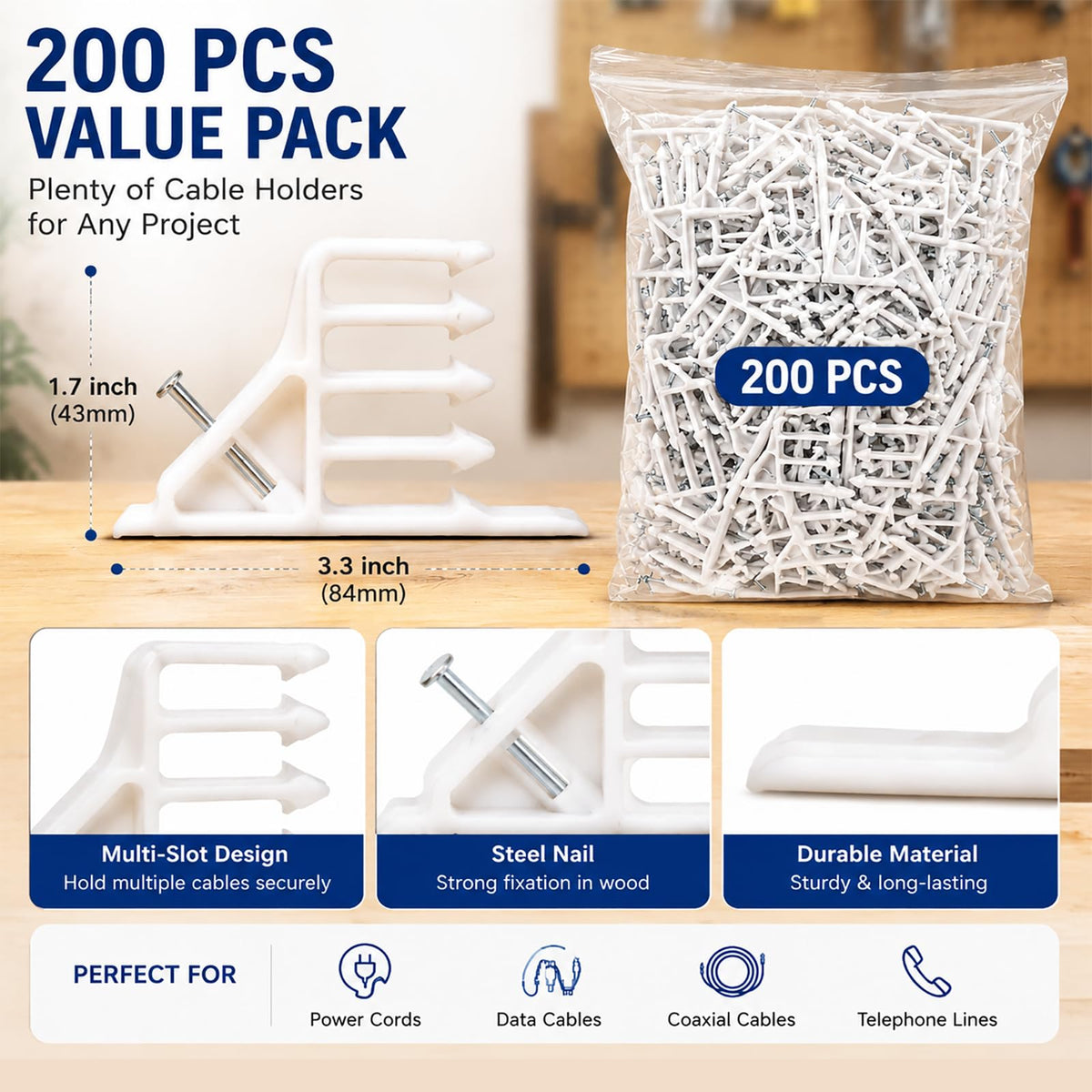 Multi-Cable Staples 200 Pack, White Electrical Wire Stackers, Steel Nails