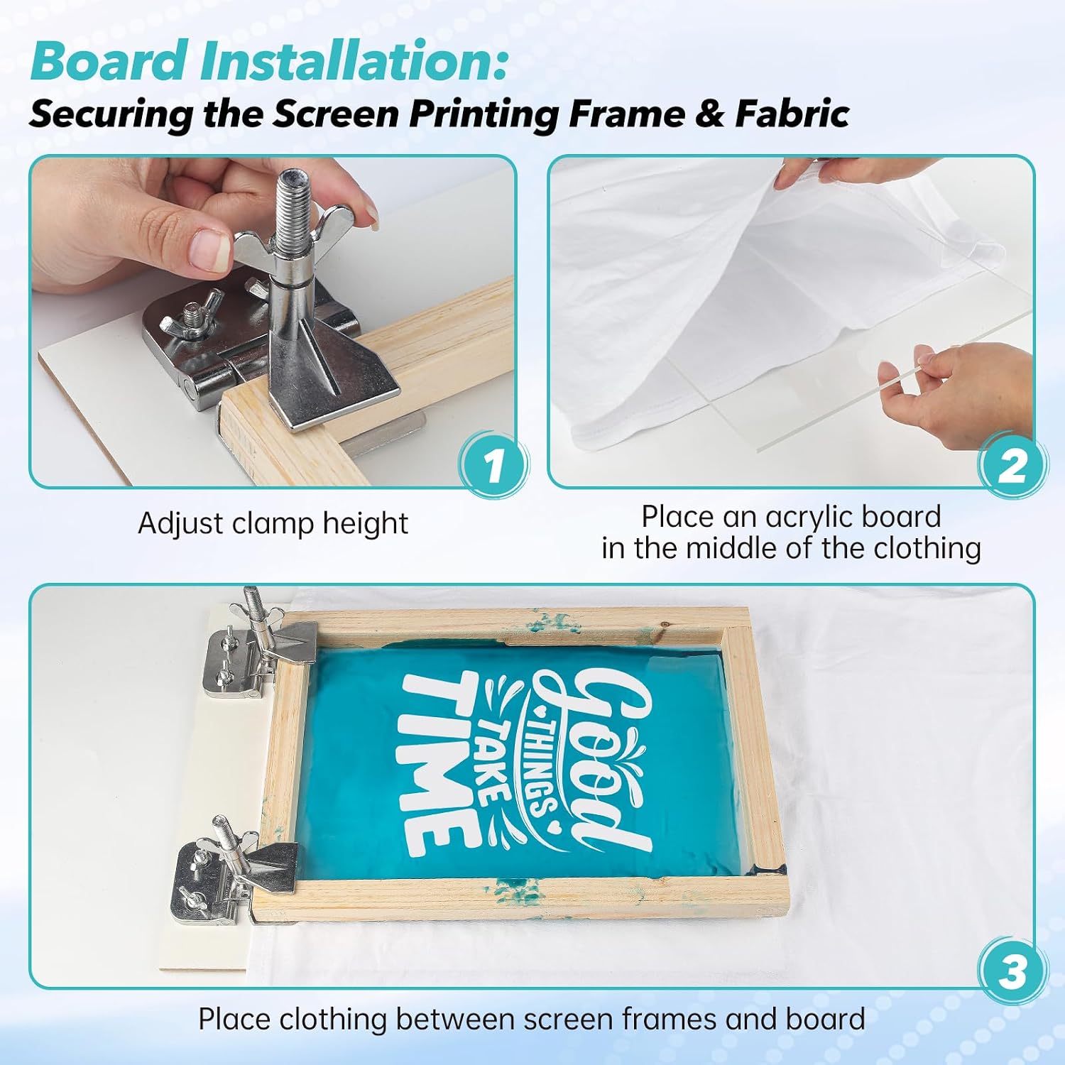 Screen Printing Kit 63pcs All-in-One Set with 50W LED UV Light, 3 Size Wood Screen Printing Frames, 6 Colors Screen