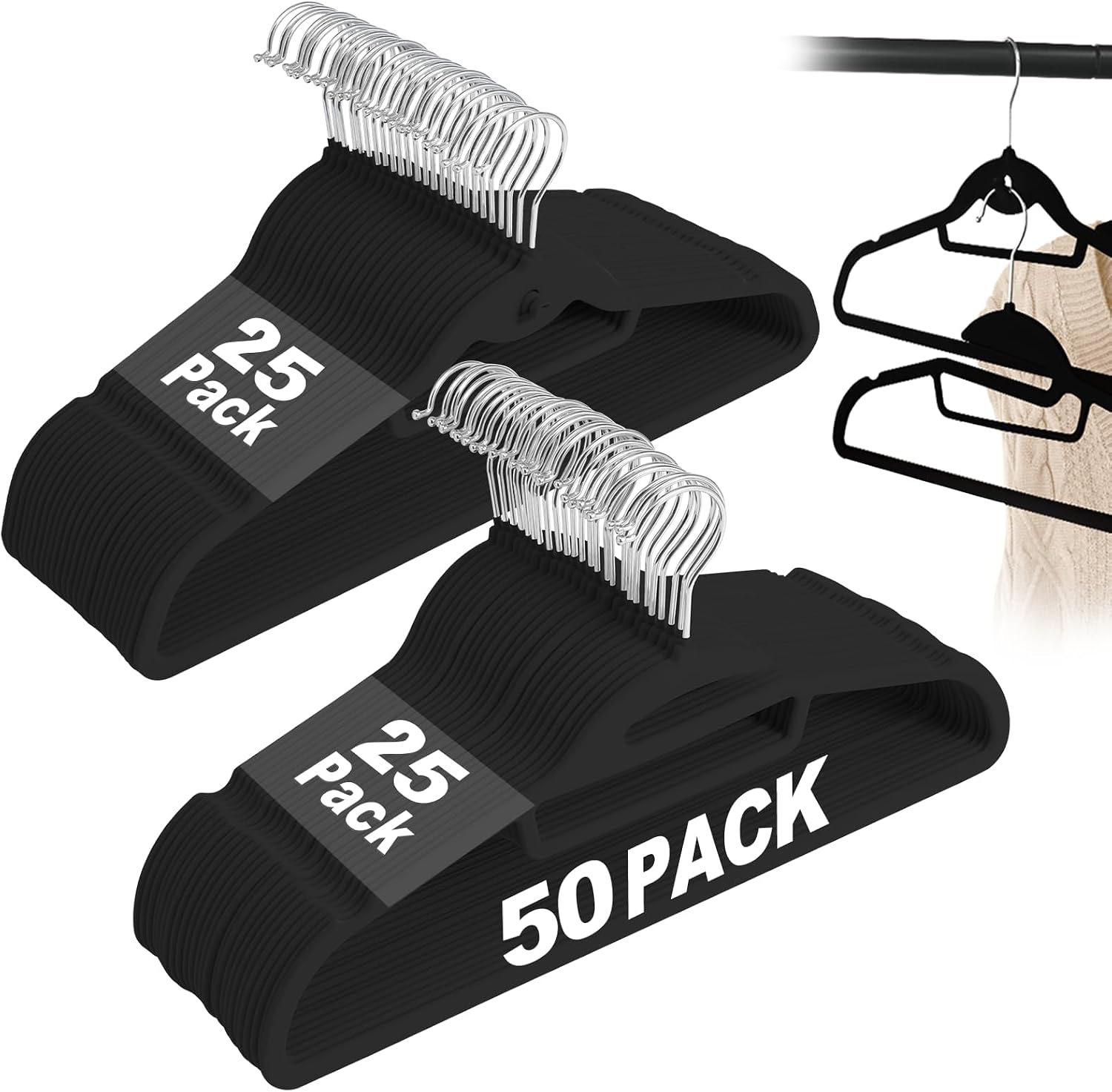 Velvet Hangers 50 Pack, S-Shaped and Stackable Felt Hanger(Black) | Non Slip, 15Lbs Capacity Heavy Duty, Ultra Thin