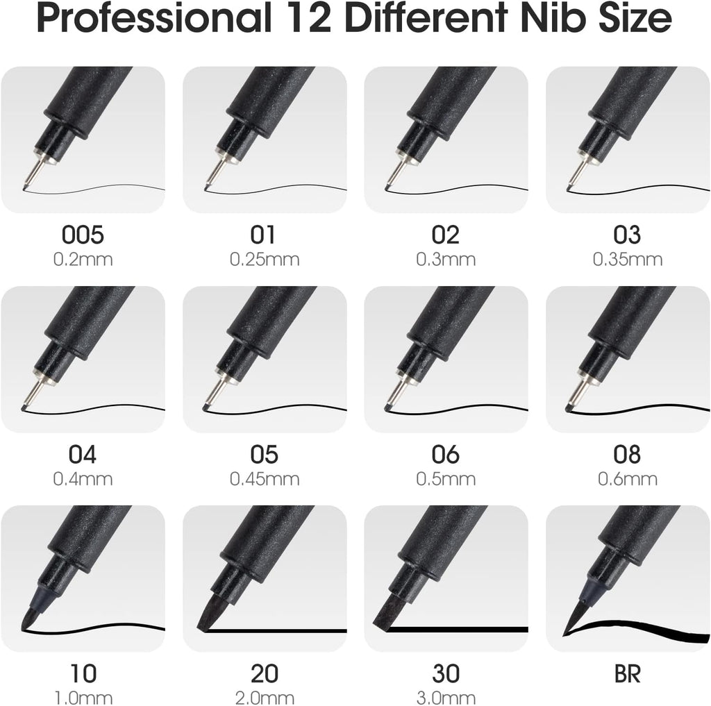Art Pens,Fineliner Ink Pens,Set of 12 Technical Drawing pen,Pigment Pen,Fine Point,Black,Waterproof