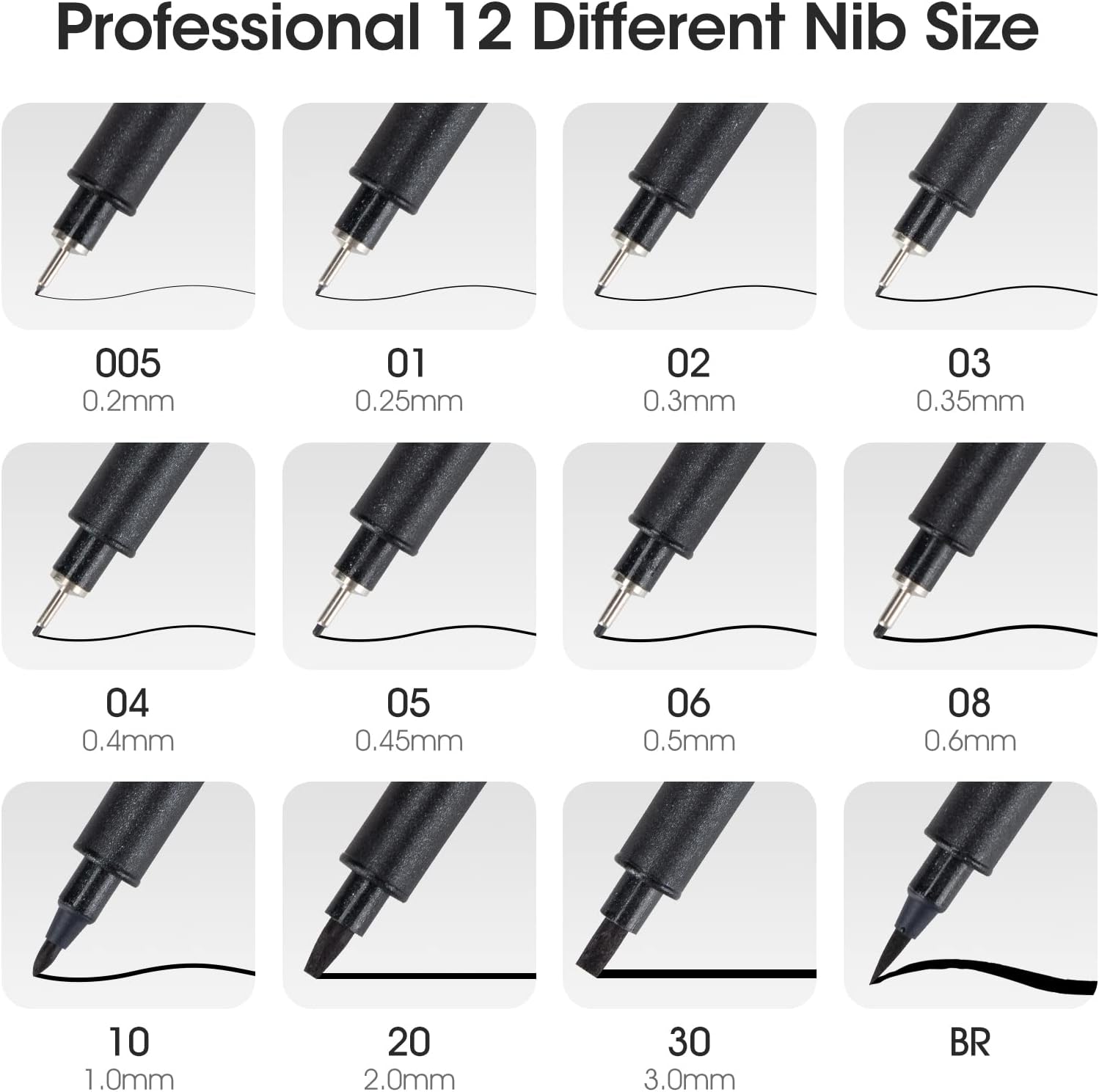 Art Pens,Fineliner Ink Pens,Set of 12 Technical Drawing pen,Pigment Pen,Fine Point,Black,Waterproof