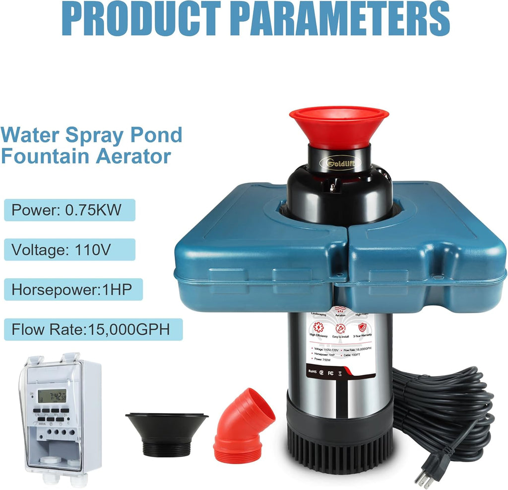 Pond Fountain Aerator F2 1HP 750W 15000GPH Floating Fountains Pump
